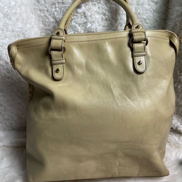 Badgley Mischka leather Beige extra large Satchel gold tone& brown stitch accent - Picture 6 of 16